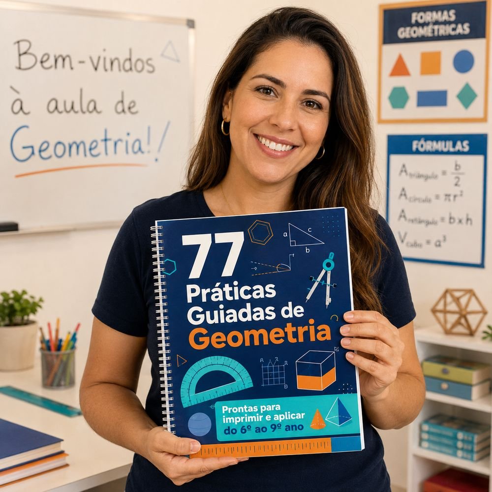 Professora segurando a capa das 77 Práticas Guiadas de Geometria